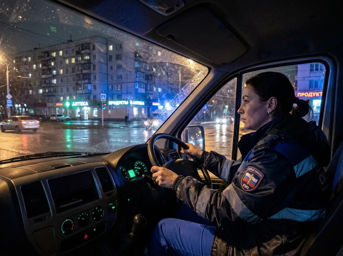 Нарколог едет к пациенту на машине скорой помощи, ночной выезд, городской пейзаж Балашихи